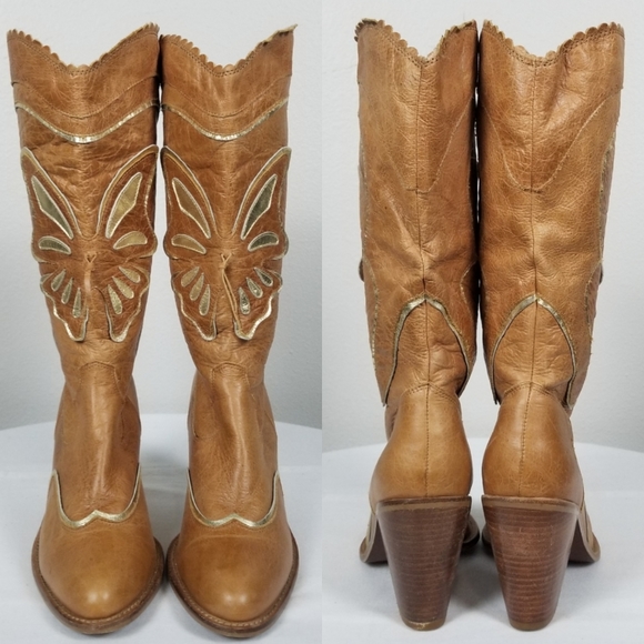 AWOL 90s Y2K Barbie Bratz Butterfly Tan Leather Western Rockabilly Boots 7.5 - Picture 2 of 12